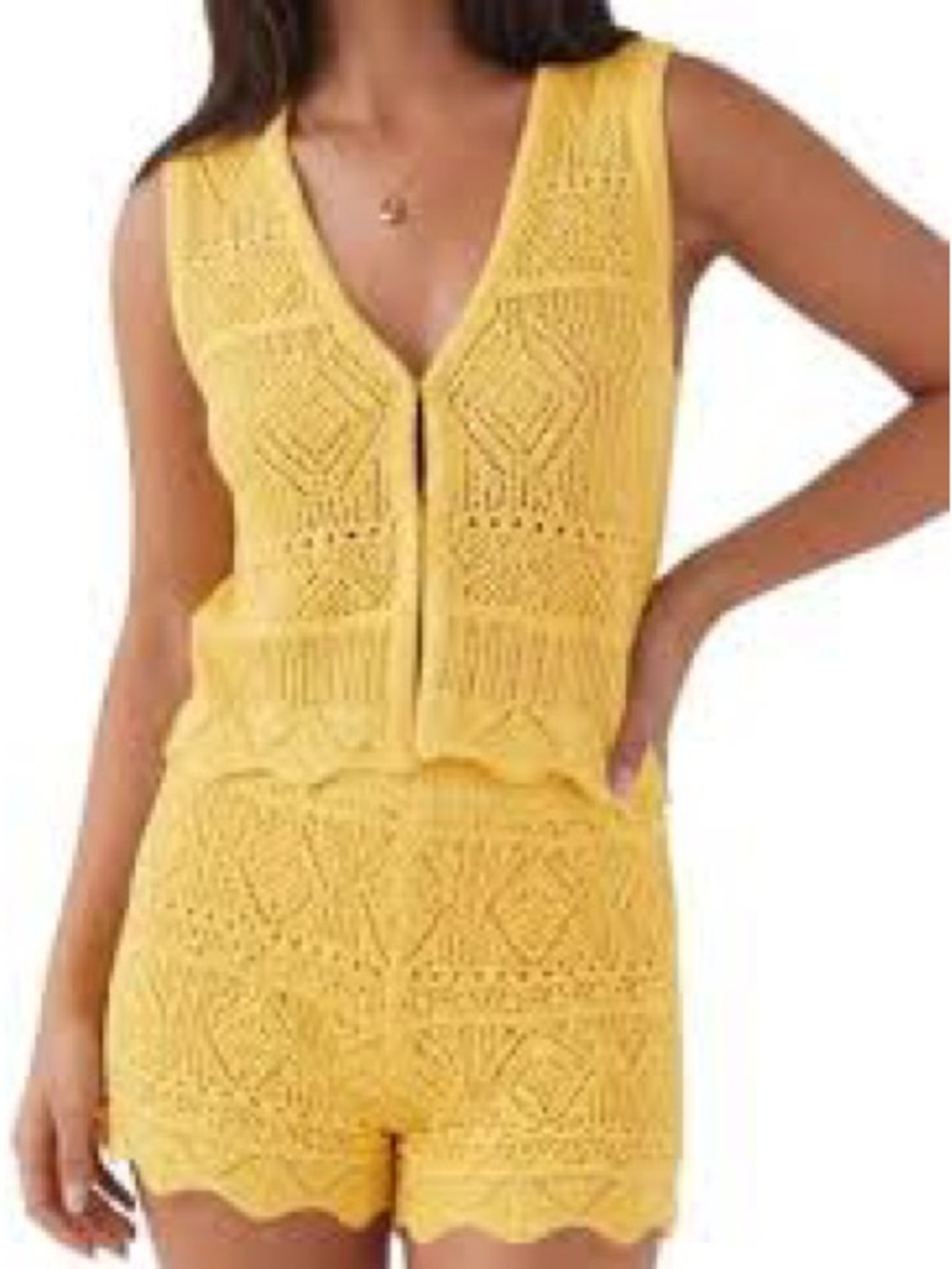 A New Day Crochet Knit Vest And Shorts Women’s LG Scallop Hem Boho Festival NWT